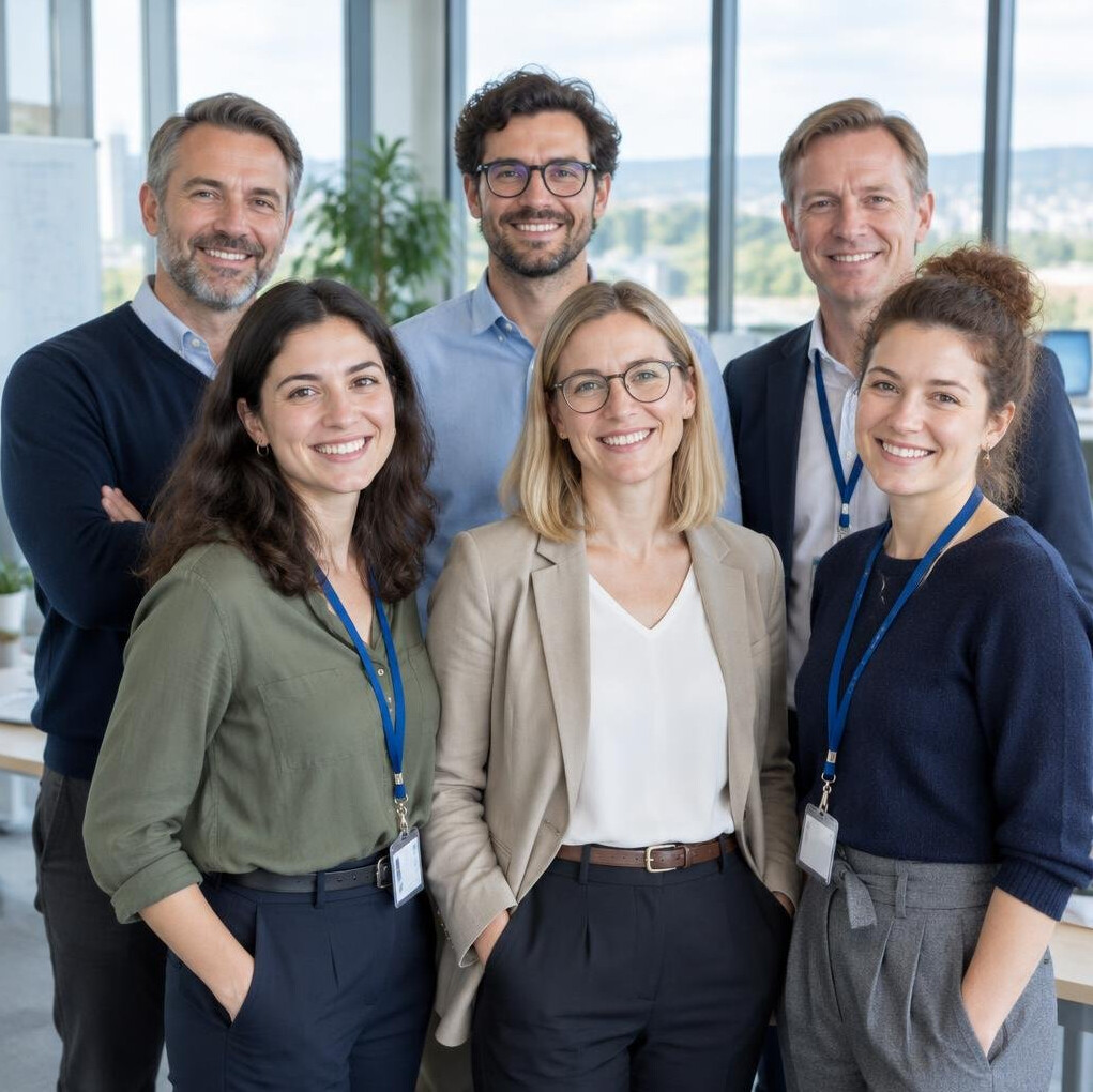 Diverse team of researchers standing together in a bright office