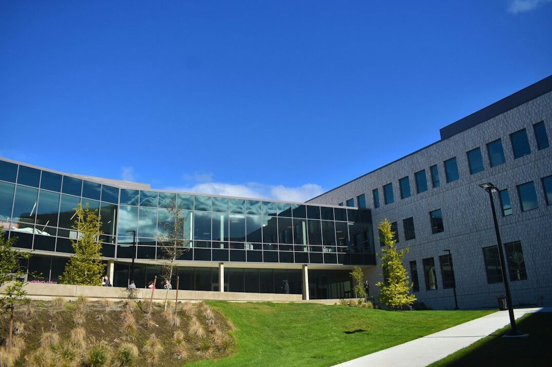 Modern research institute office building exterior with glass facade