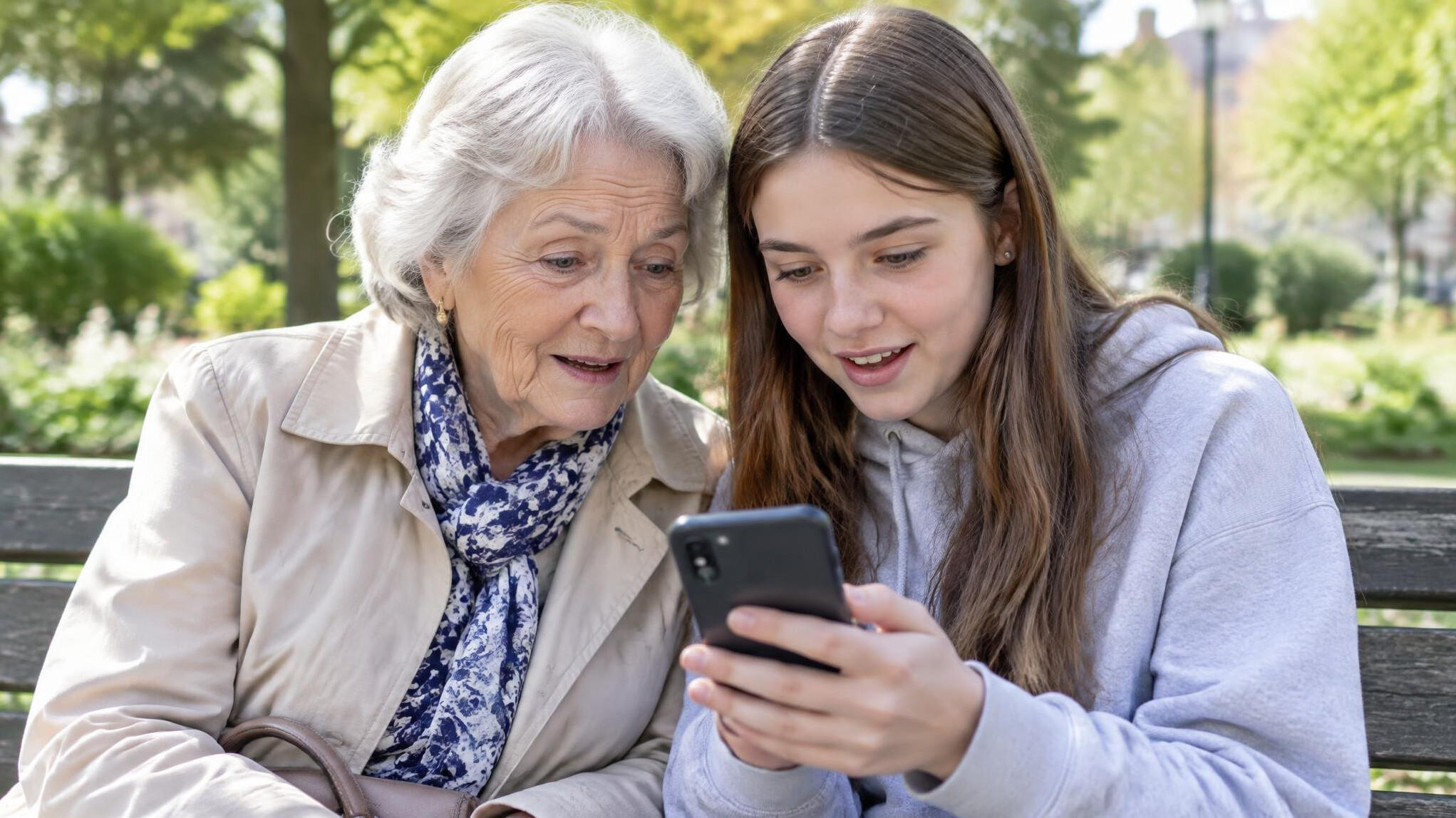Grandmother and granddaughter looking at a smartphone together