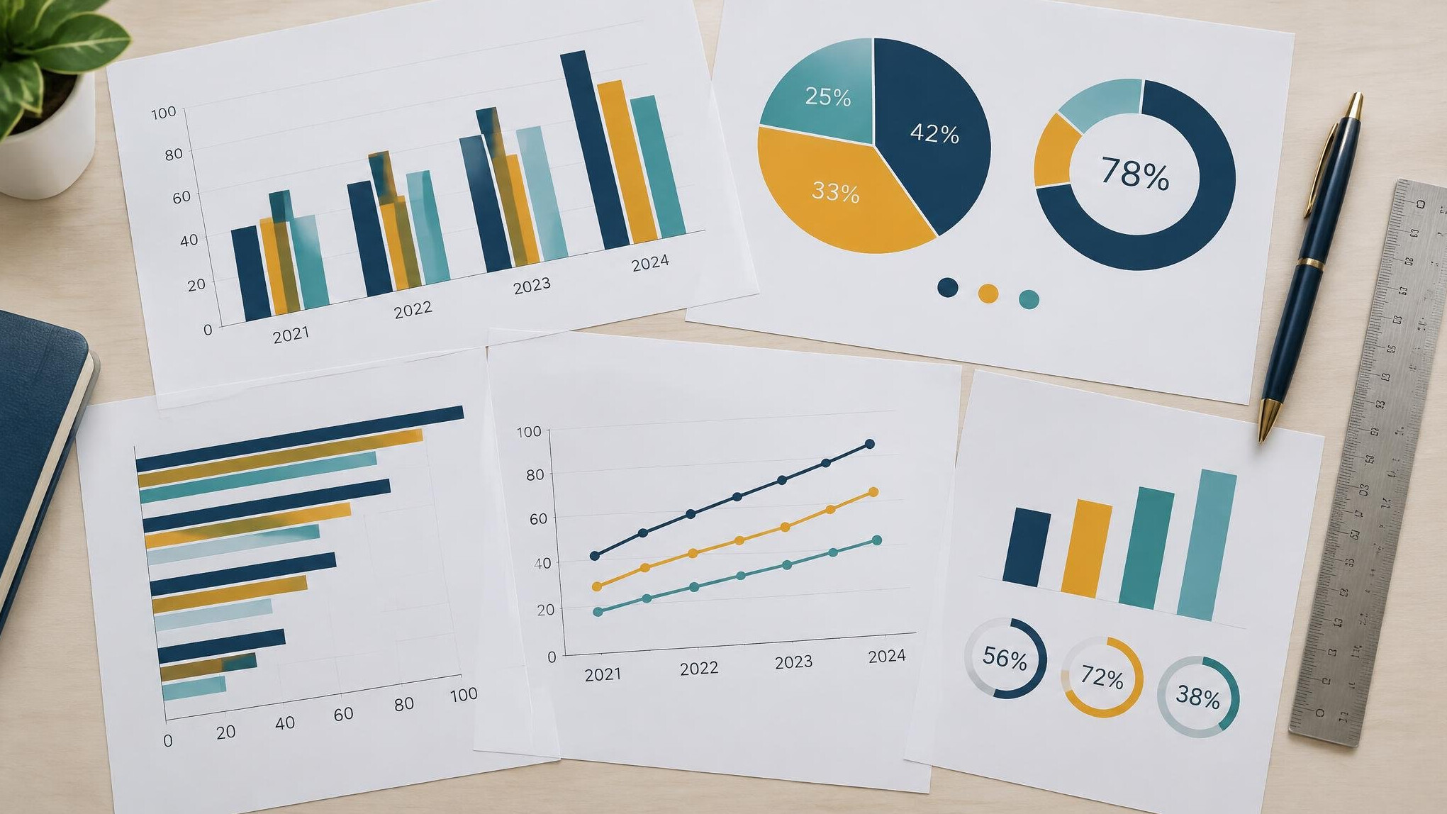 Close-up of colourful statistical charts and percentage graphics printed on paper